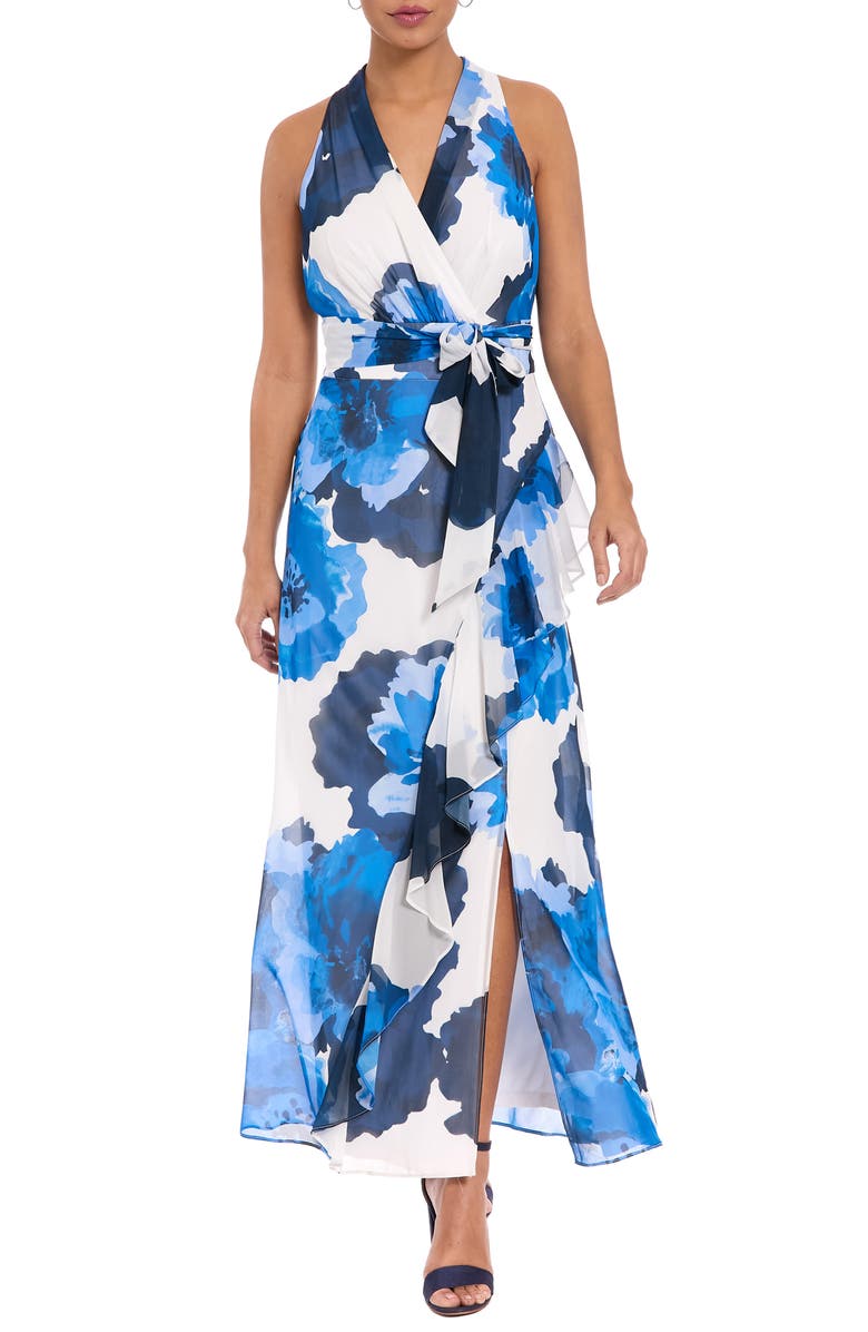 London Times Floral Halter Tie Belt Maxi Sheath Dress, Main, color, Soft White/ Bright Blue