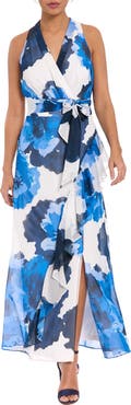 London Times Floral Halter Tie Belt Maxi Sheath Dress