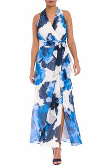 London Times Floral Halter Tie Belt Maxi Sheath Dress