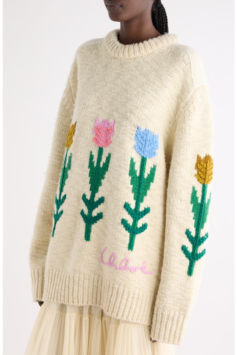 Intarsia Tulip Oversize Wool Sweater, Alternate, color, COCONUT MILK
