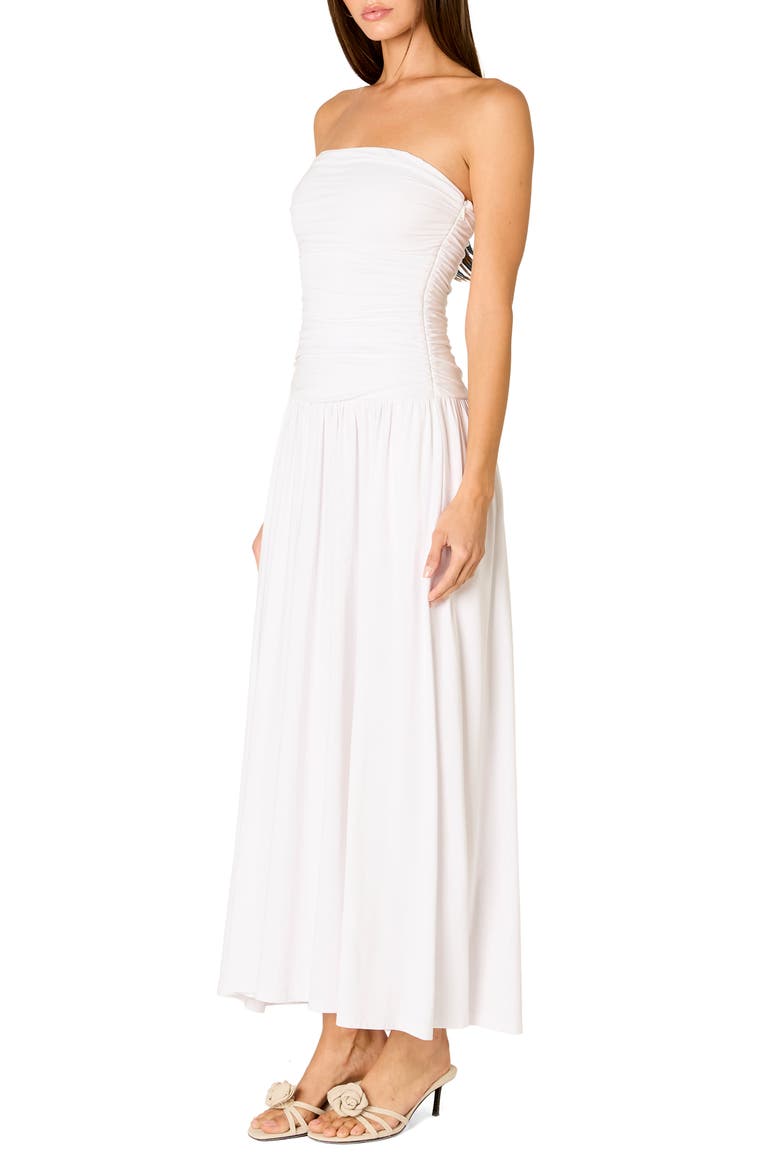 Santal Ruched Strapless Midi Dress, Alternate, color, WHITE