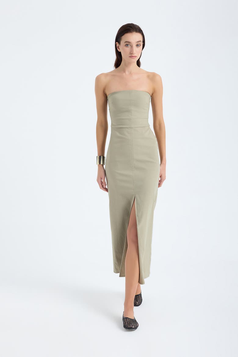 Akasha Strapless Cotton Blend Midi Dress with Front Slit, Alternate, color, Dusty Olive