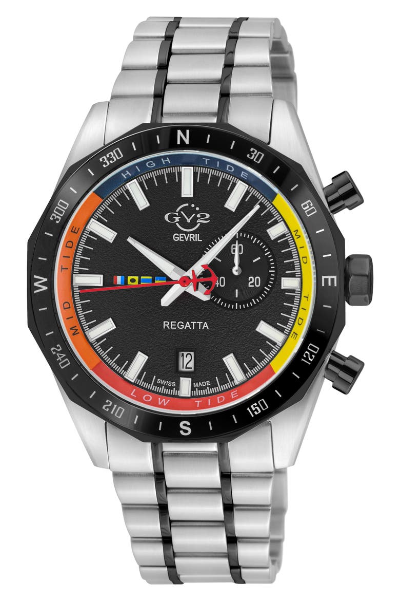 Regatta Stainless Steel Swiss Quartz Bracelet Watch, 42mm, Main, color, TWO TONED SS / BLACK