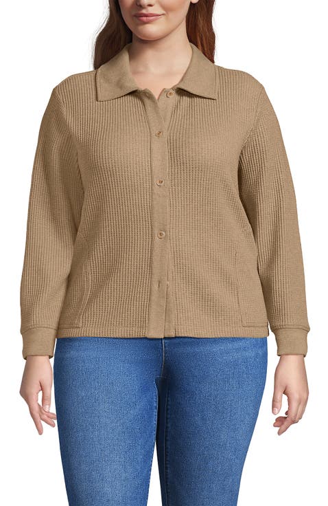 Plus Size Long Sleeve Waffle Collared Shacket