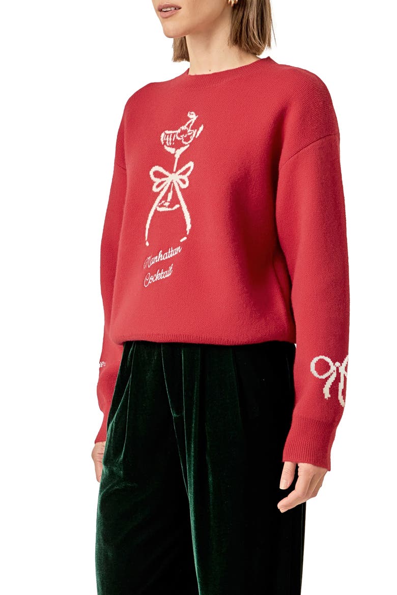 Manhattan Cocktail Sweater, Alternate, color, DARK RED/ WHITE