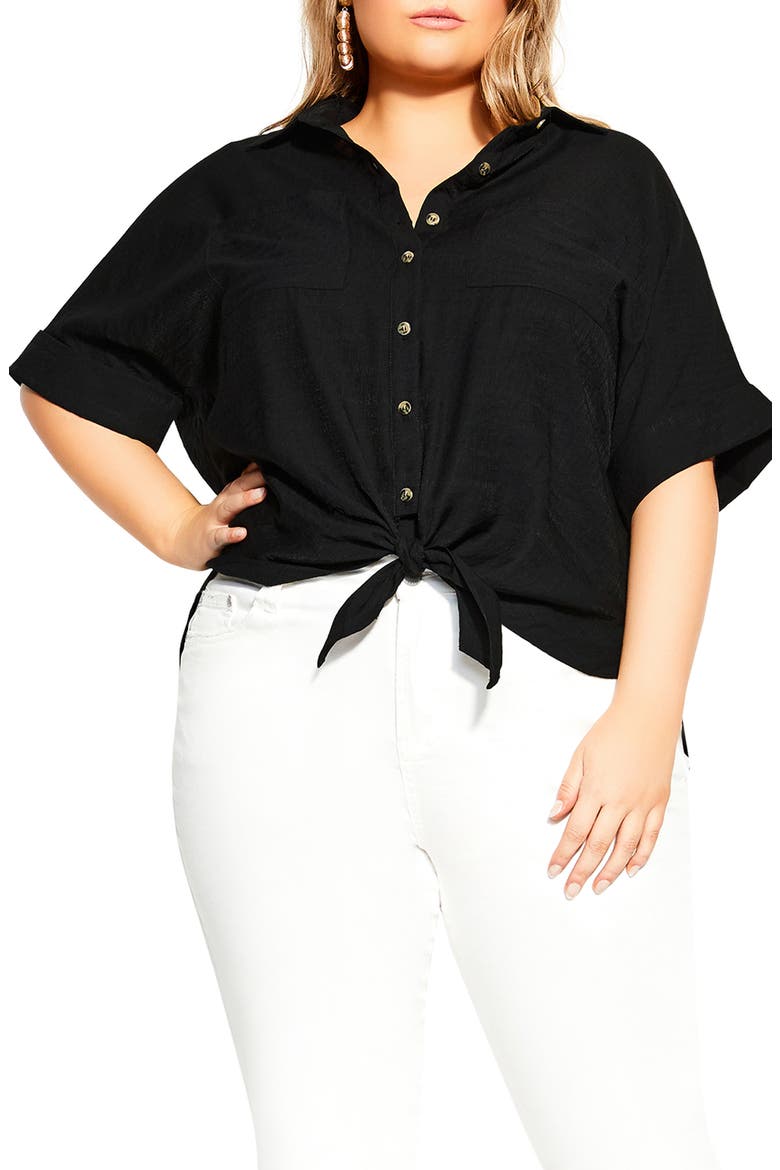 Laid Back Tie Front Top, Main, color, BLACK