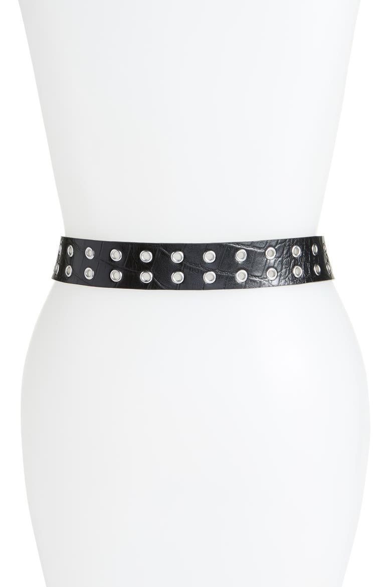 Double Prong Eyelet Leather Belt, Alternate, color, BLACK CRACKLE