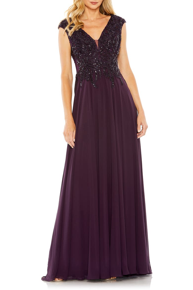 Applique And Jeweled Encrusted Cap Sleeve Chiffon Gown, Main, color, AUBERGINE