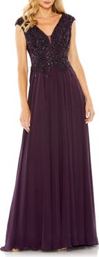 Mac Duggal Applique And Jeweled Encrusted Cap Sleeve Chiffon Gown