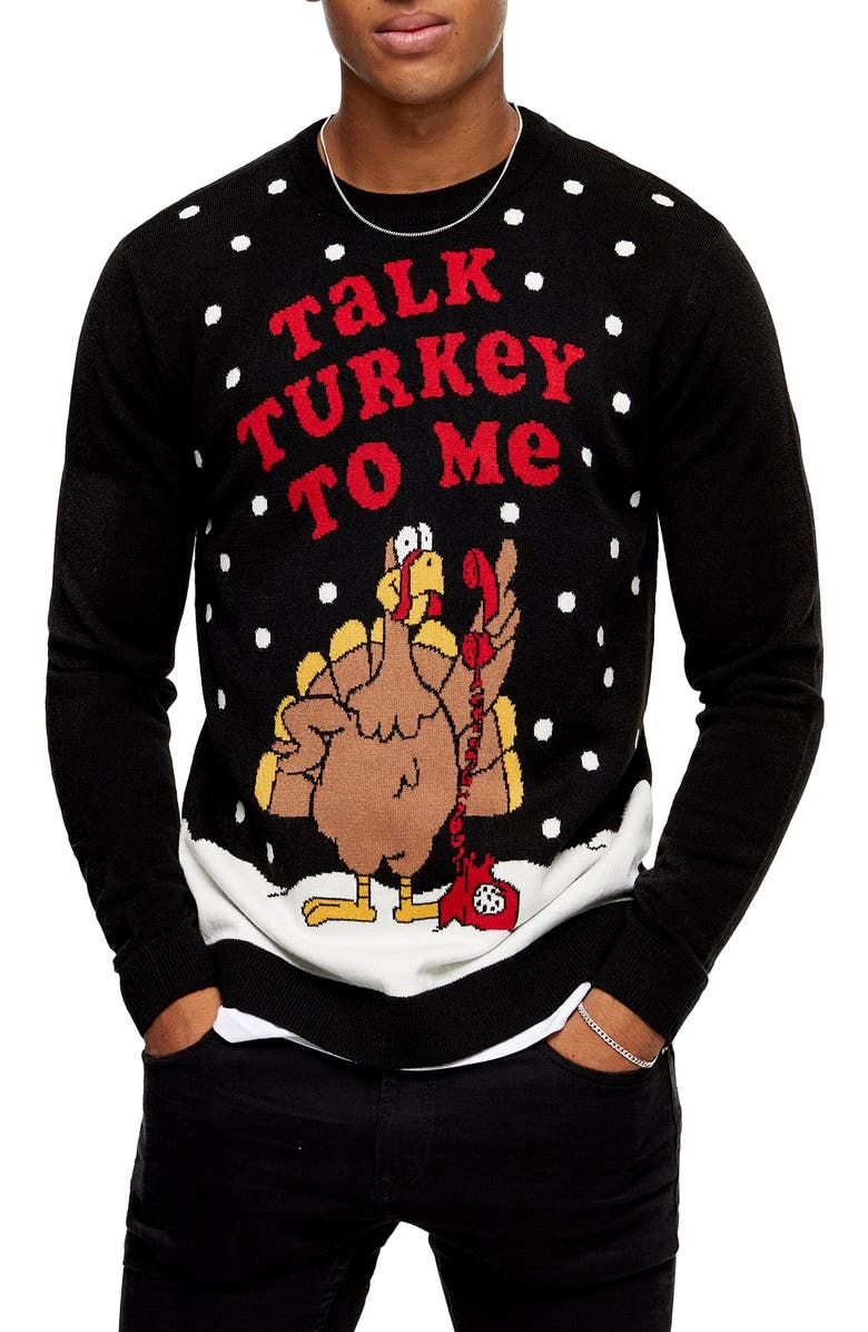 Topman Christmas Talk Turkey Crewneck Sweater, Main, color, 