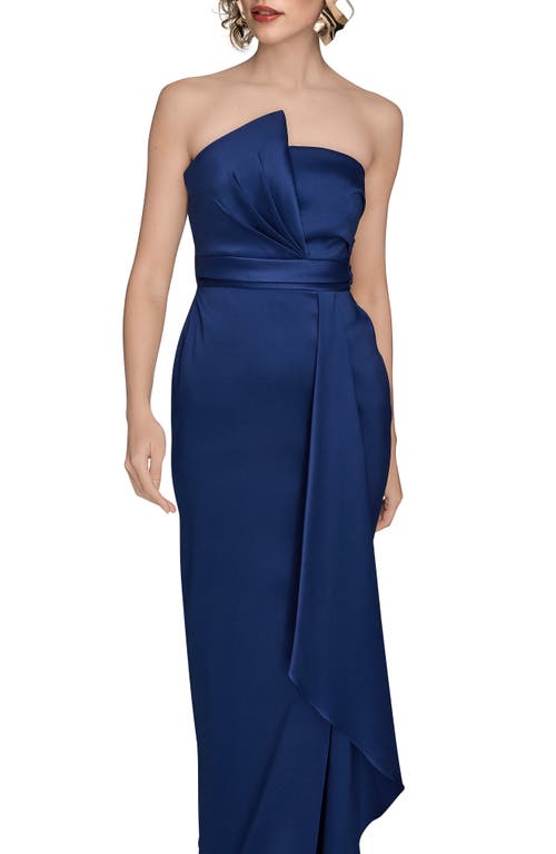 Donna Karan New York Asymmetric Strapless Satin Gown In Blue
