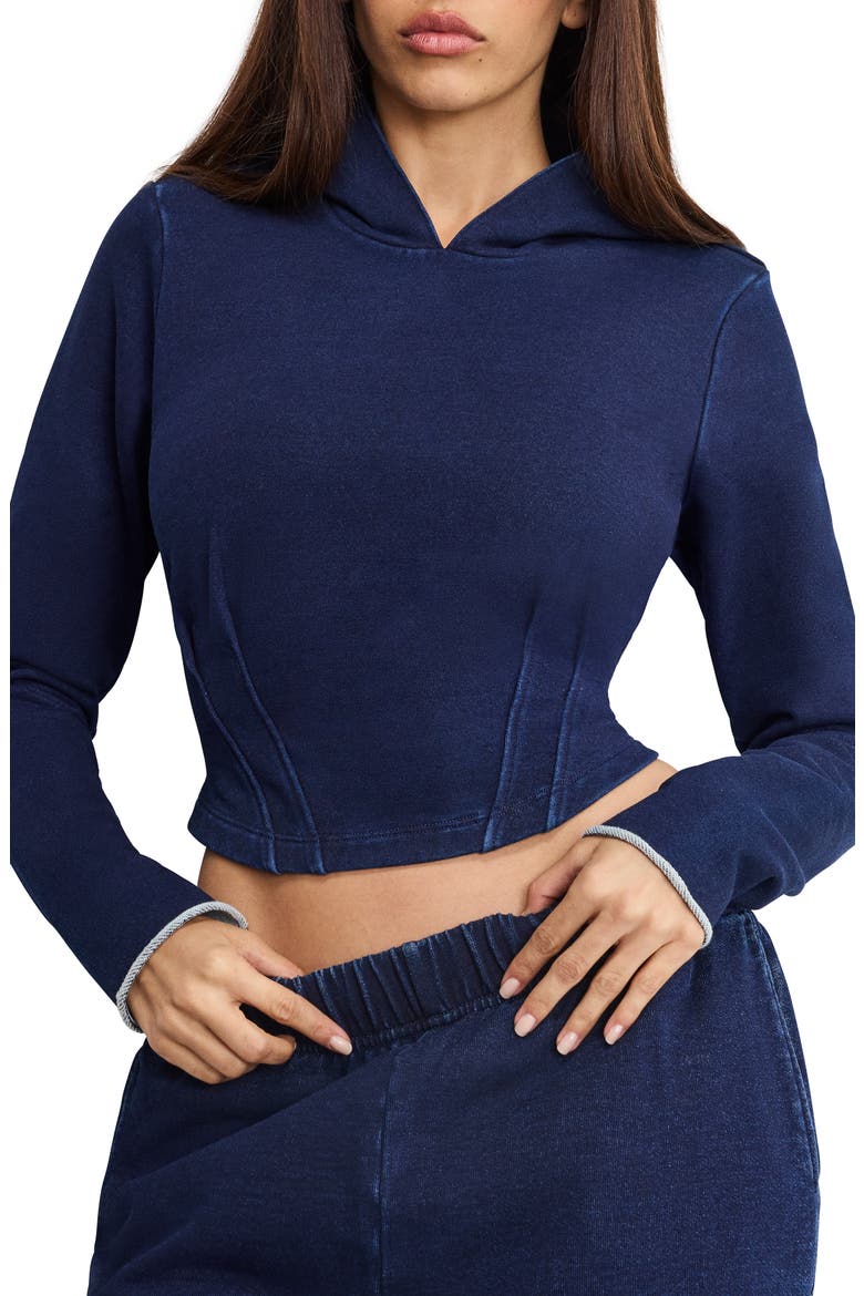 Jeanius Crop Corset French Terry Hoodie, Alternate, color, INDIGO1029
