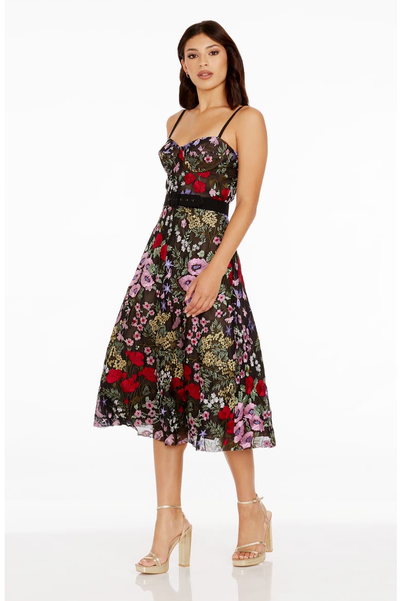 Carlita Floral Embroidery Bustier Midi Dress, Alternate, color, BLACK ROUGE MULTI