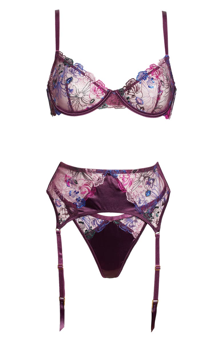 Oh La La Cheri Londynn Embroidered Floral Bra, Garter Belt & Thong Set, Alternate, color, 