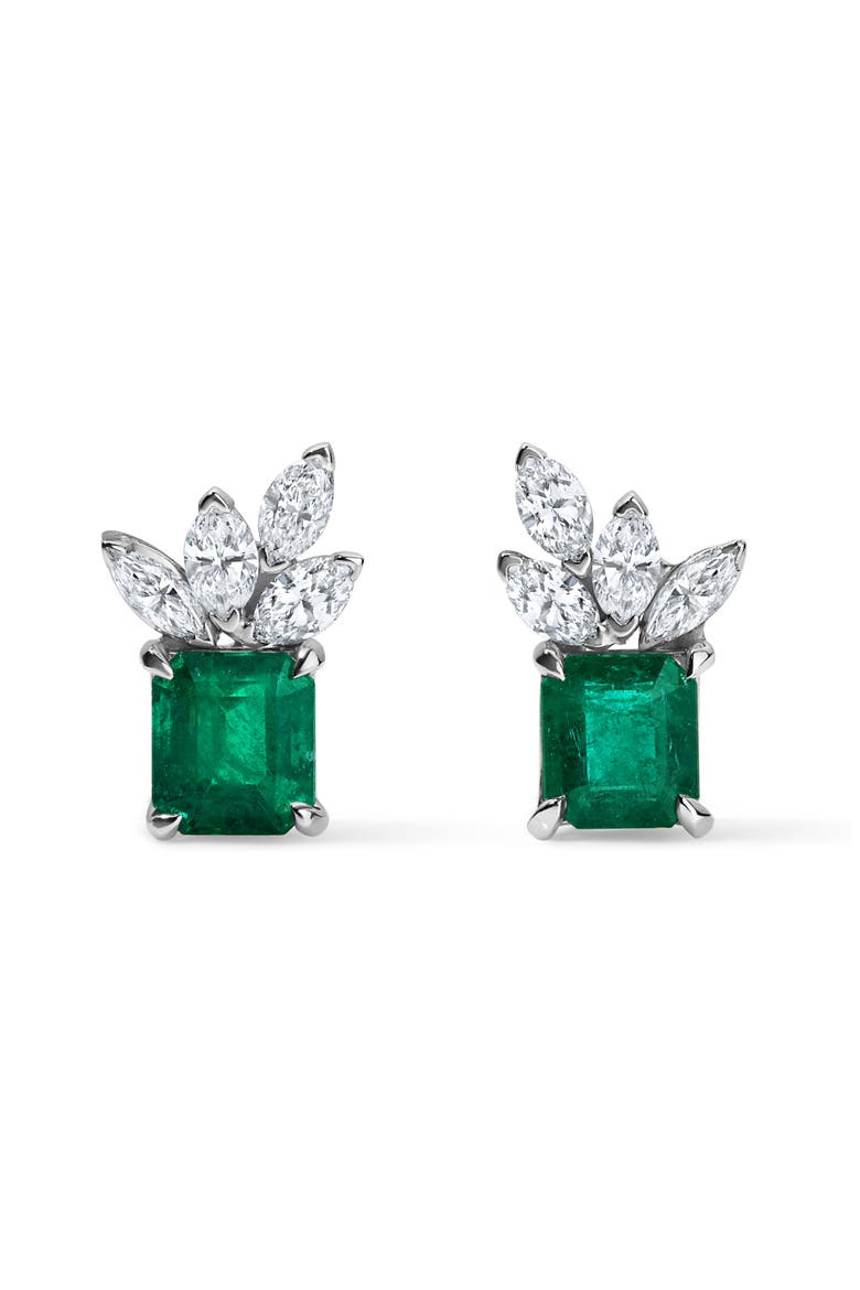 Emerald & Diamond Cluster Stud Earrings, Main, color, 18K WHITE GOLD / PLATINUM