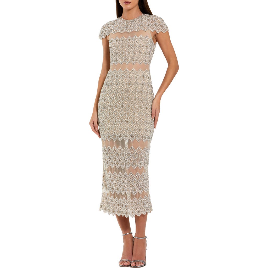Mac Duggal Beaded Mesh Fitted Midi Dress With Sheer Panels In Neutral