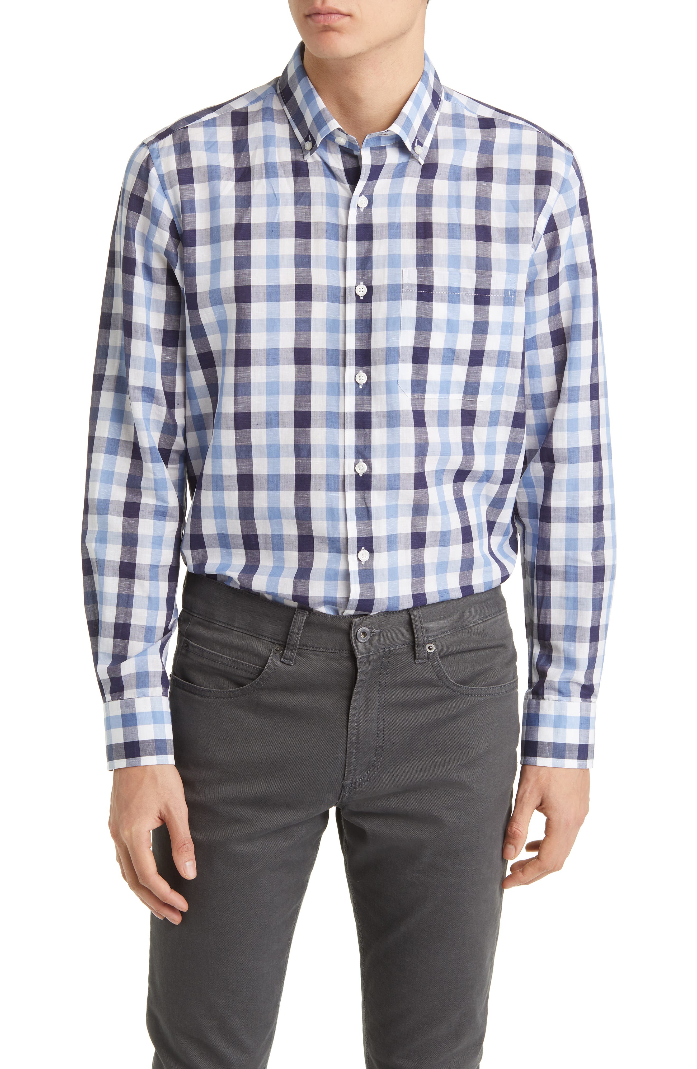 Scott Barber Gingham Slub Cotton Chambray Button-Down Shirt (Men ...