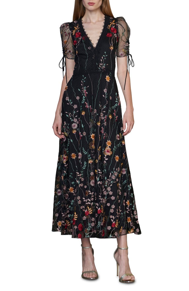 ML Monique Lhuillier Puff Sleeve Embroidered Midi Dress, Main, color, 