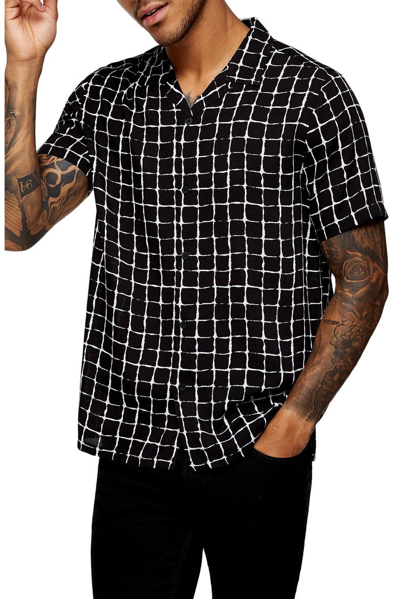 Geo Print Short Sleeve Button-Up Camp Shirt, Main, color, BLACK MULTI