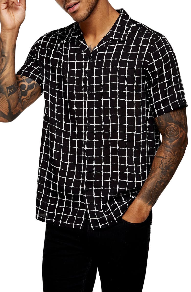 Topman Geo Print Short Sleeve Button-Up Camp Shirt, Main, color,