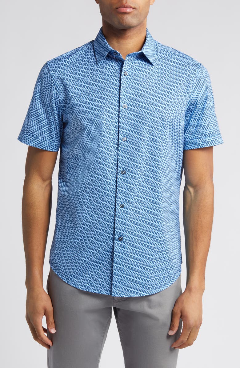 Bugatchi Miles OoohCotton<sup>®</sup> Geometric Short Sleeve Button-Up Shirt, Main, color,