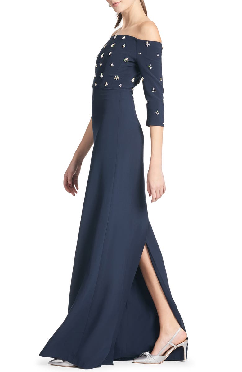Sachin & Babi Amarette Crystal Detail Off the Shoulder Stretch Crepe Gown, Alternate, color, 