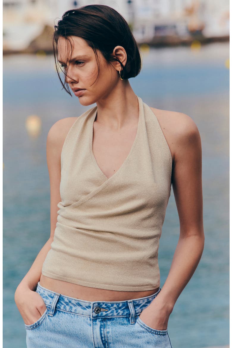 Metallic Cross Neck Fine Knit Top, Alternate, color, GOLD