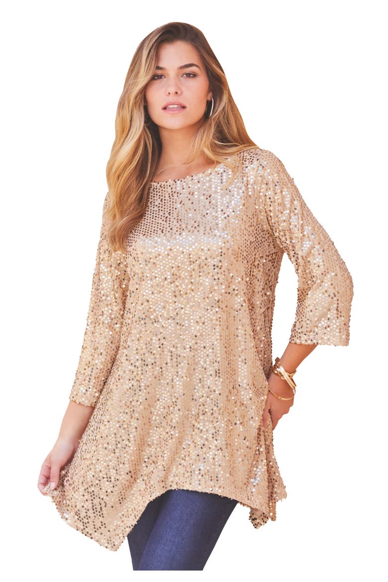 Handkerchief Hem Sequin Tunic, Main, color, SPARKLING CHAMPAGNE