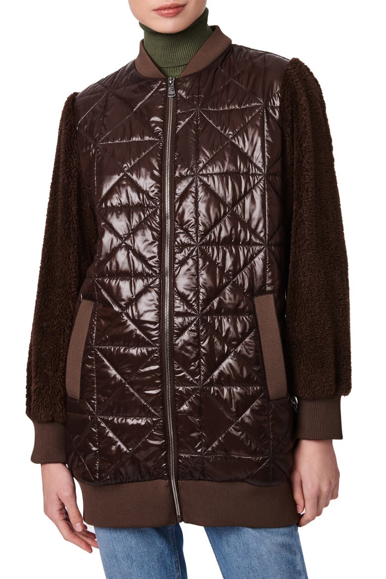 Water-Resistant Faux Shearling Sleeve Puffer Jacket, Main, color, CHOCOLATE
