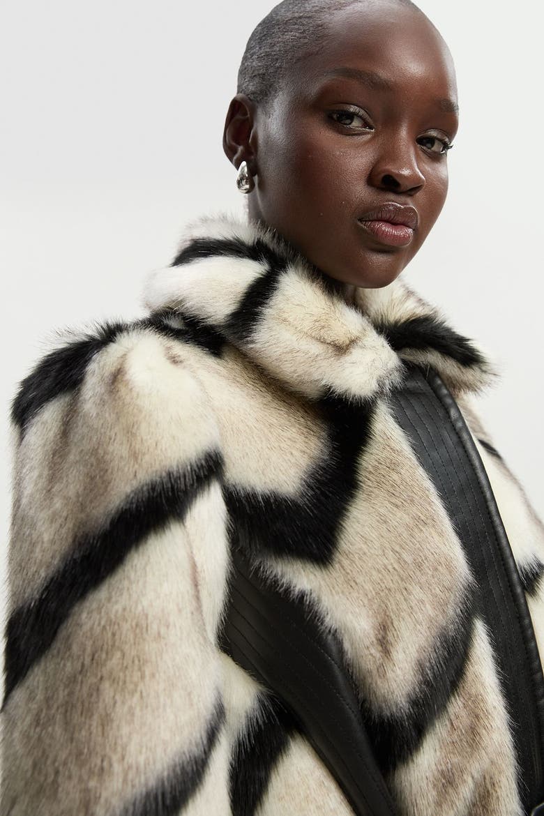 Stripe Faux Fur Belted Long Coat, Alternate, color, Mono