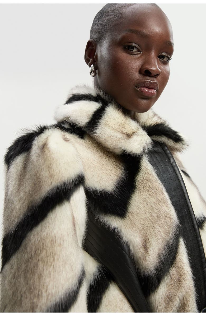 Karen Millen Stripe Faux Fur Belted Long Coat, Alternate, color, Mono