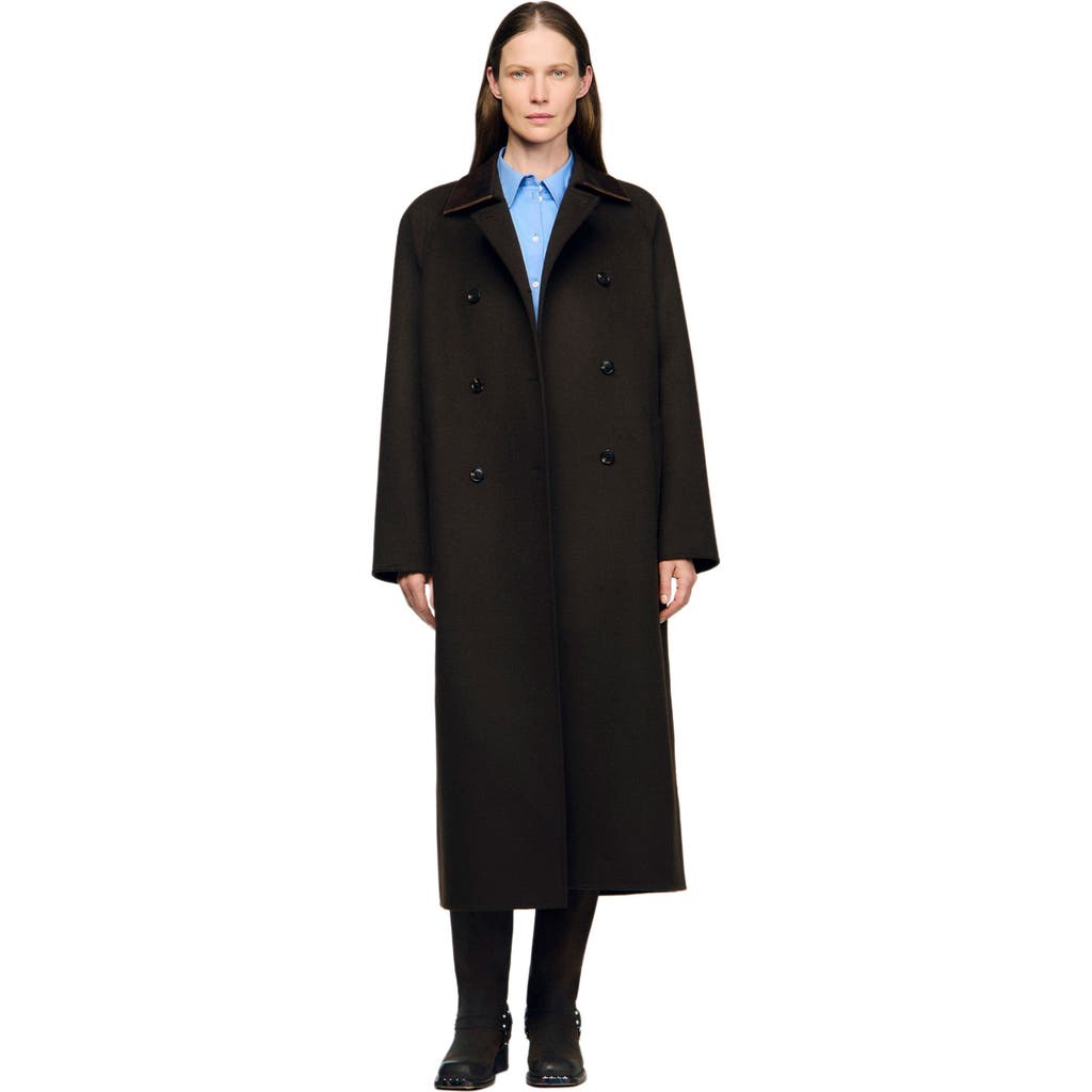 Sandro Long Wool And Leather Coat In Black