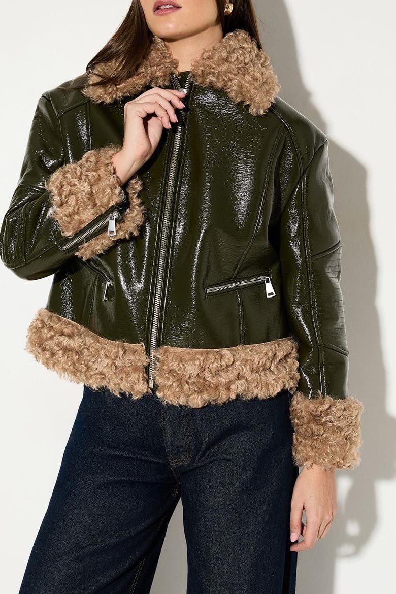 Premium Faux Fur Collar Aviator Jacket, Alternate, color, Olive