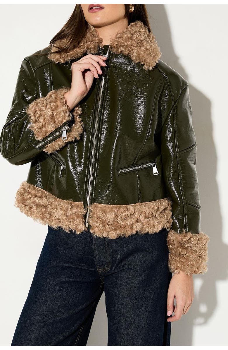 MissPap Premium Faux Fur Collar Aviator Jacket, Alternate, color, Olive