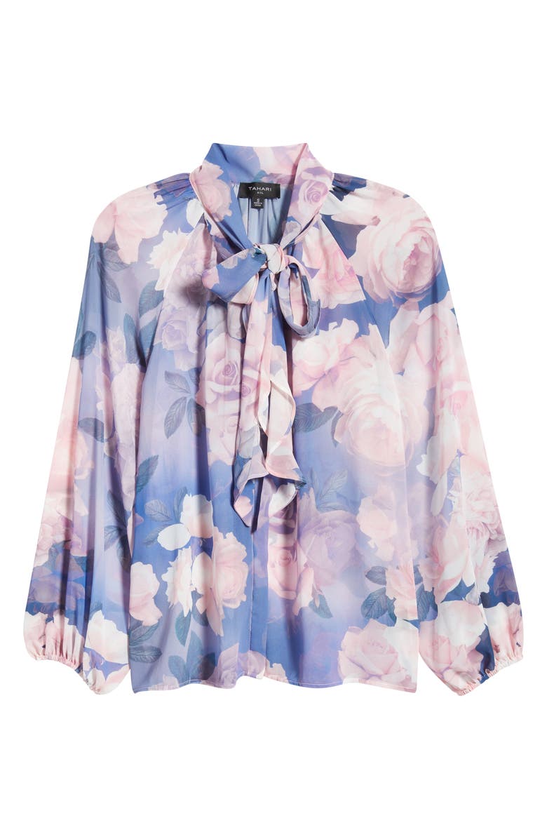 Tahari ASL Floral Print Tie Neck Top, Main, color, Blue Petal Floral