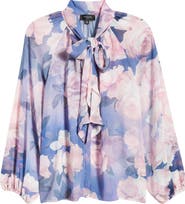 Tahari ASL Floral Print Tie Neck Top