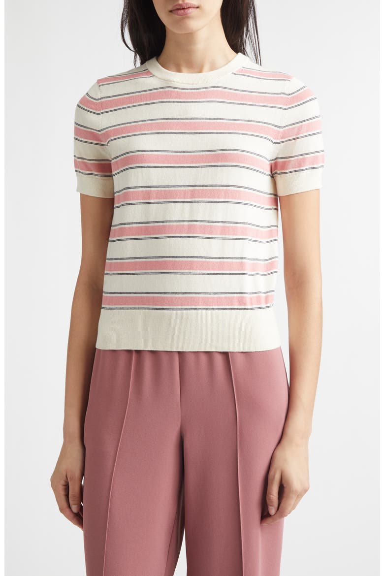 Stripe Short Sleeve Cotton & Cashmere Sweater T-Shirt, Main, color, LOTUS PINK COMBO