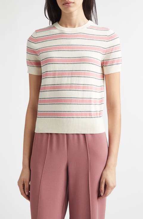 Stripe Short Sleeve Cotton & Cashmere Sweater T-Shirt