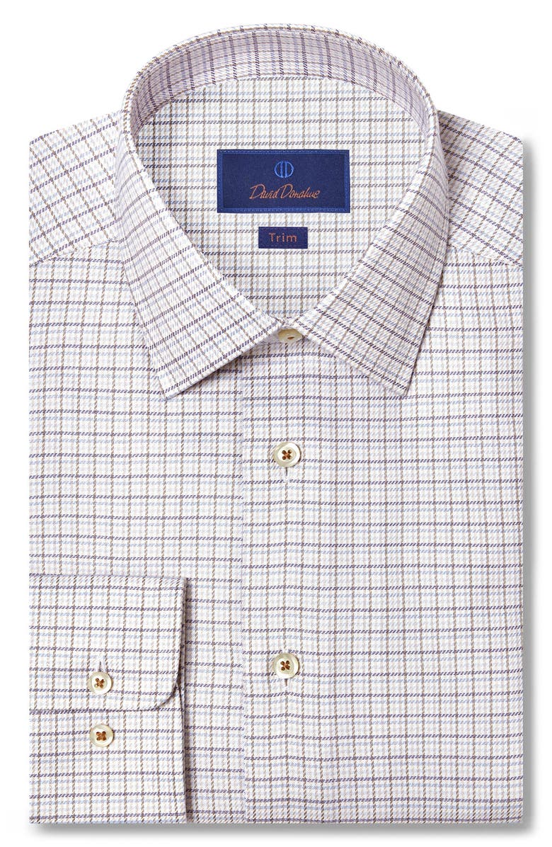 David Donahue Trim Fit Twill Check Cotton Dress Shirt, Main, color, Dune/Multi
