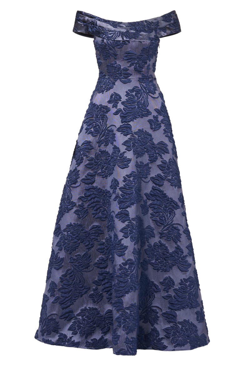 Floral Jacquard Off the Shoulder Gown, Alternate, color, NAVY
