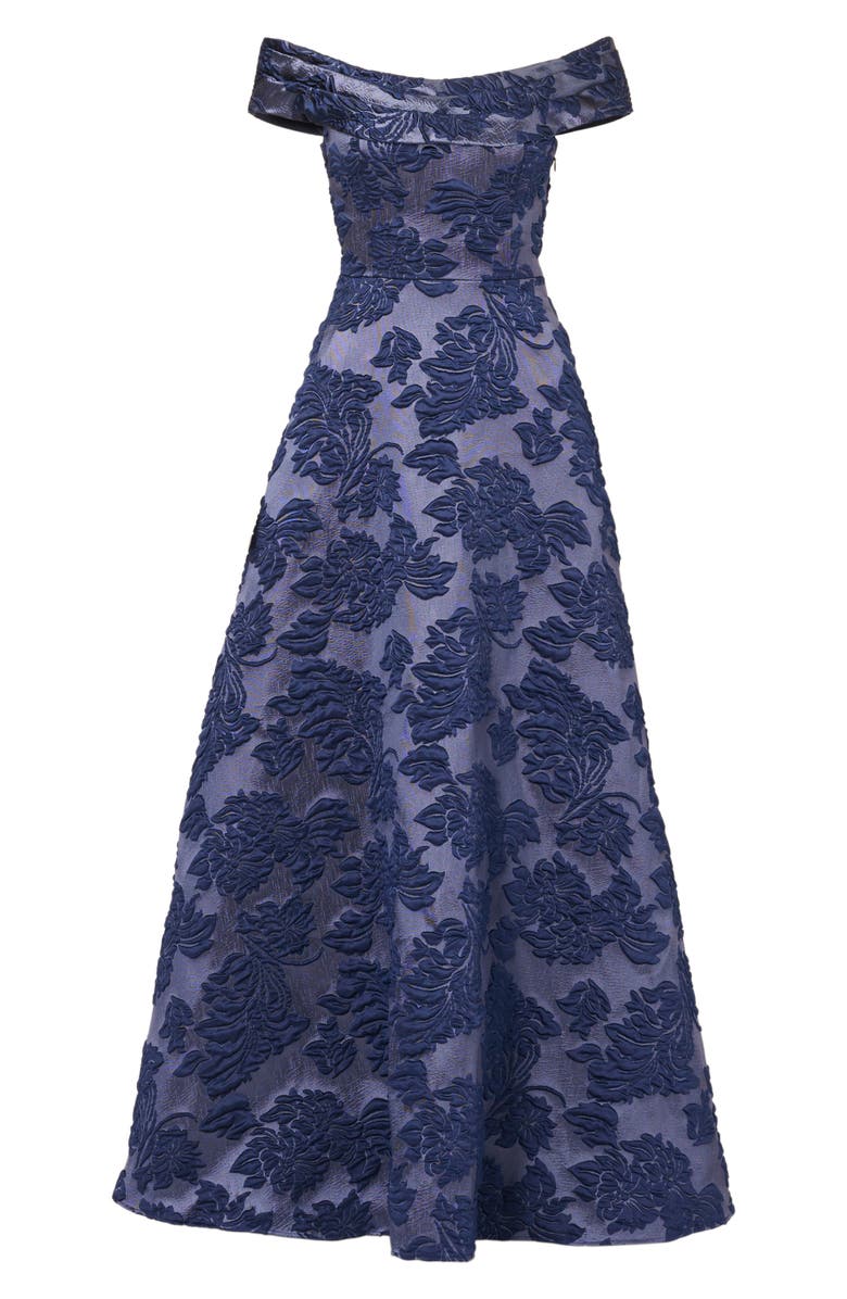 Aidan Mattox Floral Jacquard Off the Shoulder Gown, Alternate, color, Navy