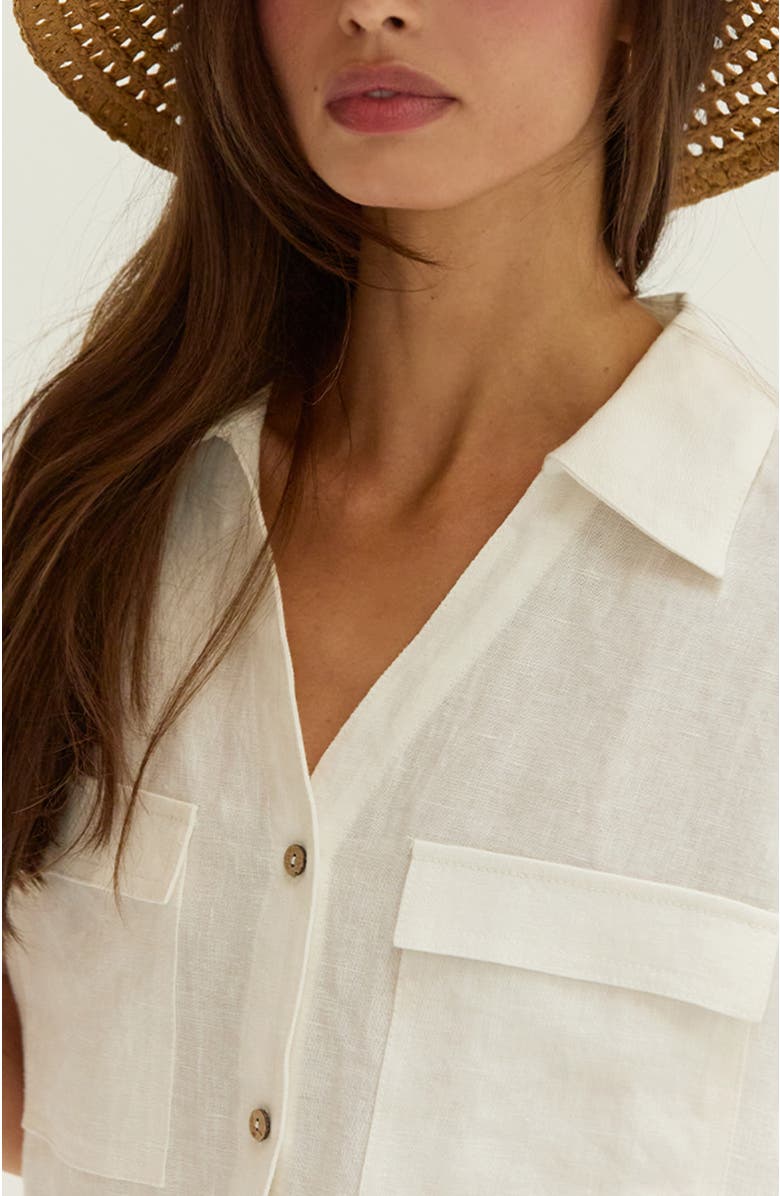 CRESCENT Button Down Short Sleeve Linen Top, Alternate, color, White