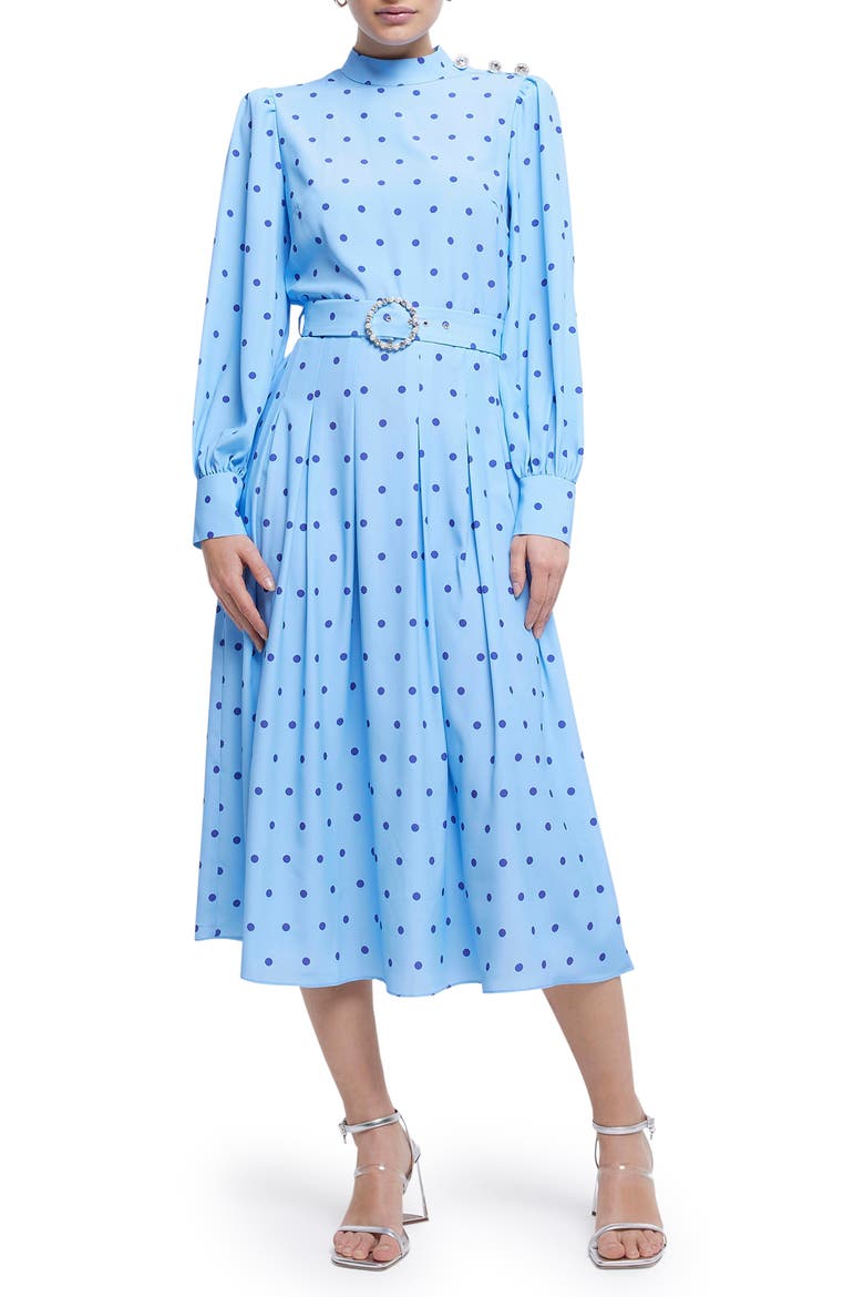 Polka Dot Belted Long Sleeve Dress, Main, color, BLUE