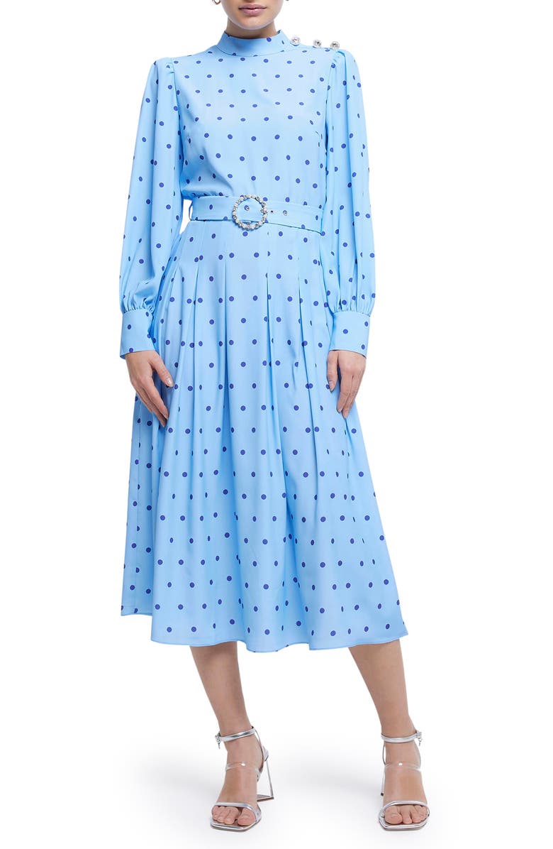 River Island Polka Dot Belted Long Sleeve Dress, Main, color, 