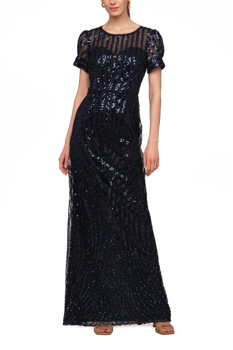 Ivetta Sequin Stripe Illusion Neck Column Gown, Main, color, NAVY