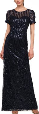 JS Collections Ivetta Sequin Stripe Illusion Neck Column Gown