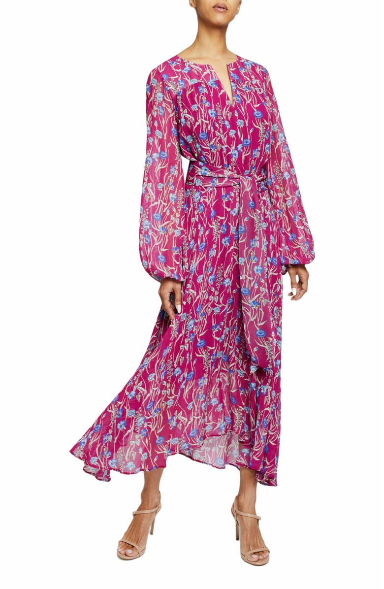 Santorelli Aubree Long Sleeve Midi Dress in Floral Printed Georgette, Main, color, Dark Magenta