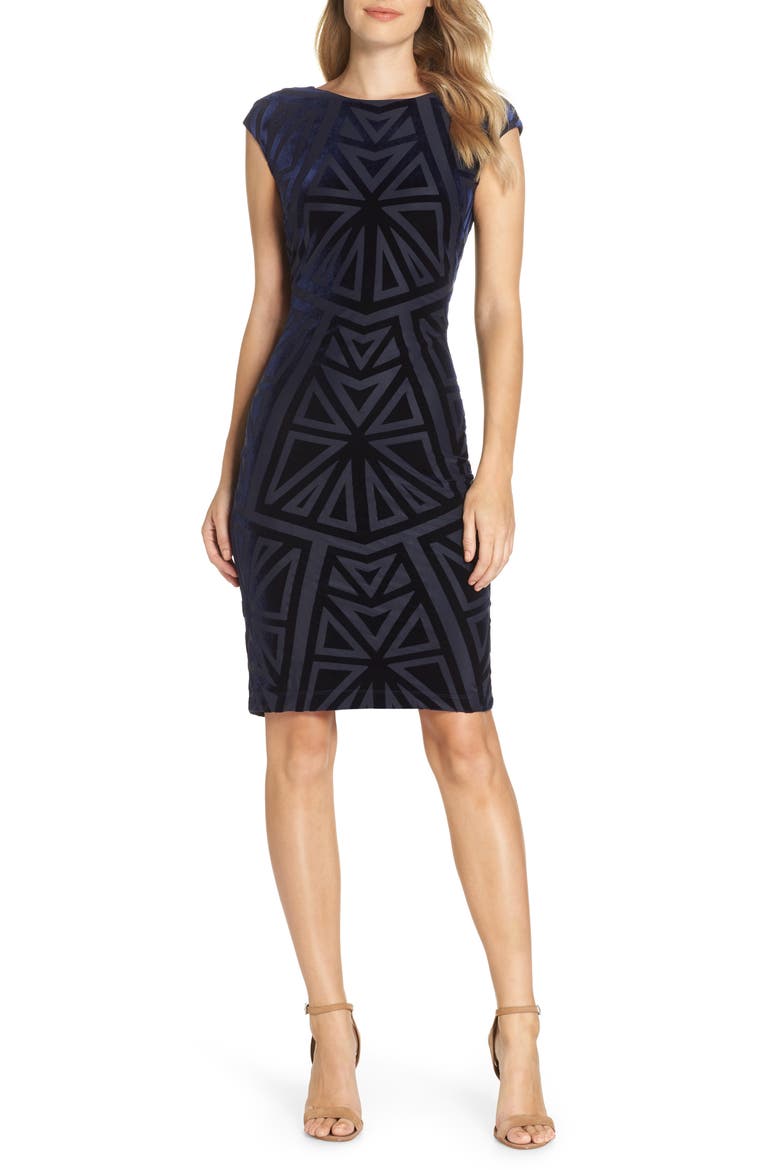Velvet Jacquard Sheath Dress, Main, color, NAVY