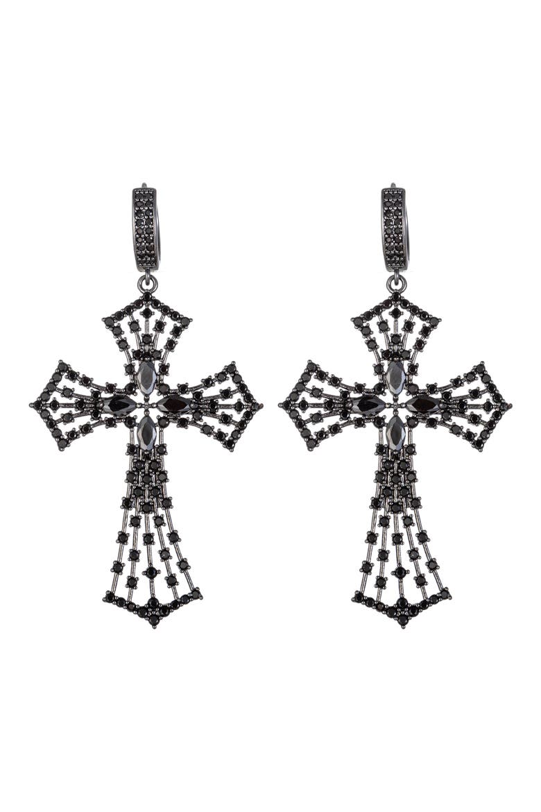 Cubic Zirconia Cross Drop Earrings, Main, color, BLACK