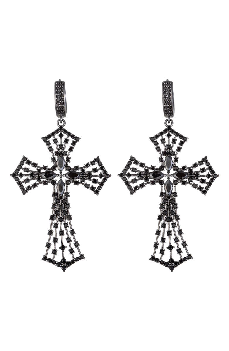 EYE CANDY LOS ANGELES Cubic Zirconia Cross Drop Earrings, Main, color, Black